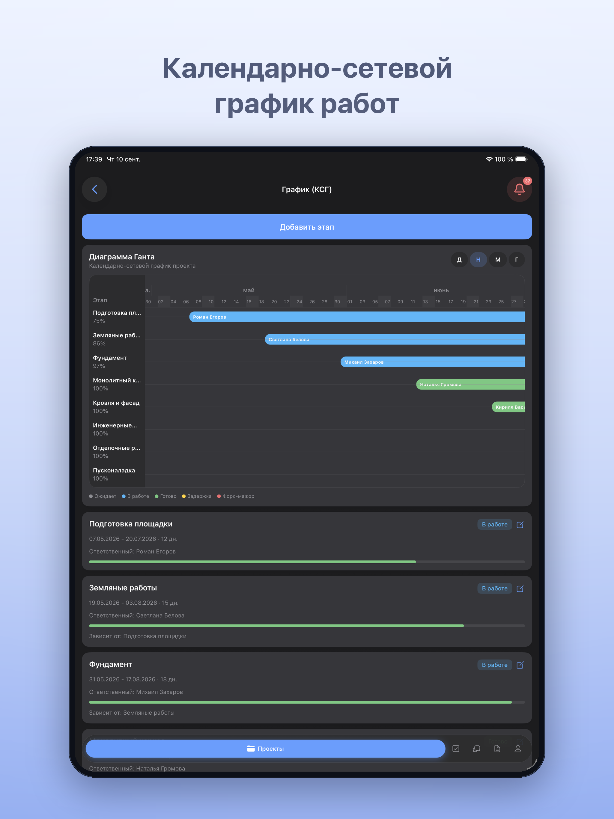 KimikERP — календарно-сетевой график работ (iPad)