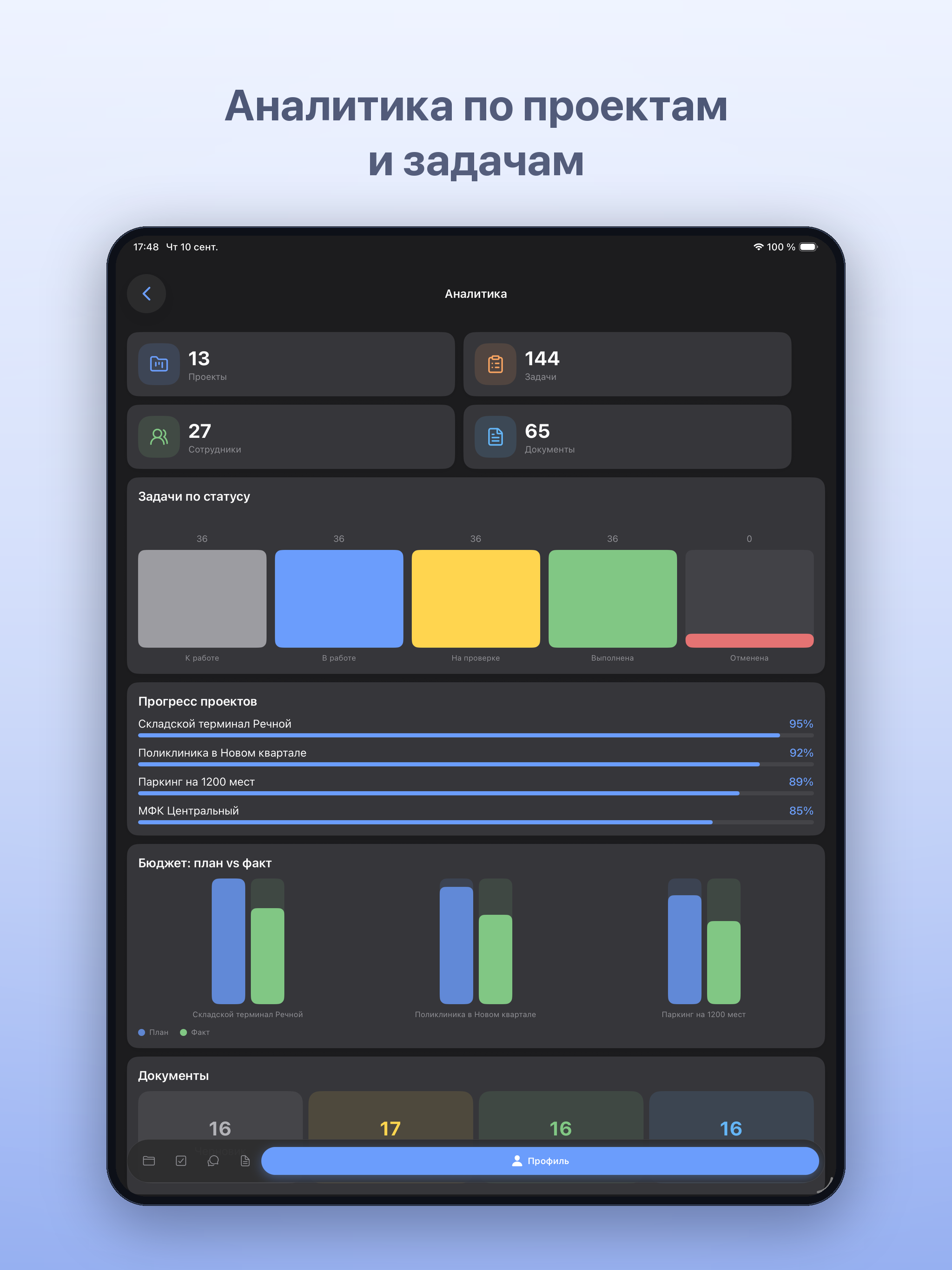 KimikERP — аналитика по проектам и задачам (iPad)
